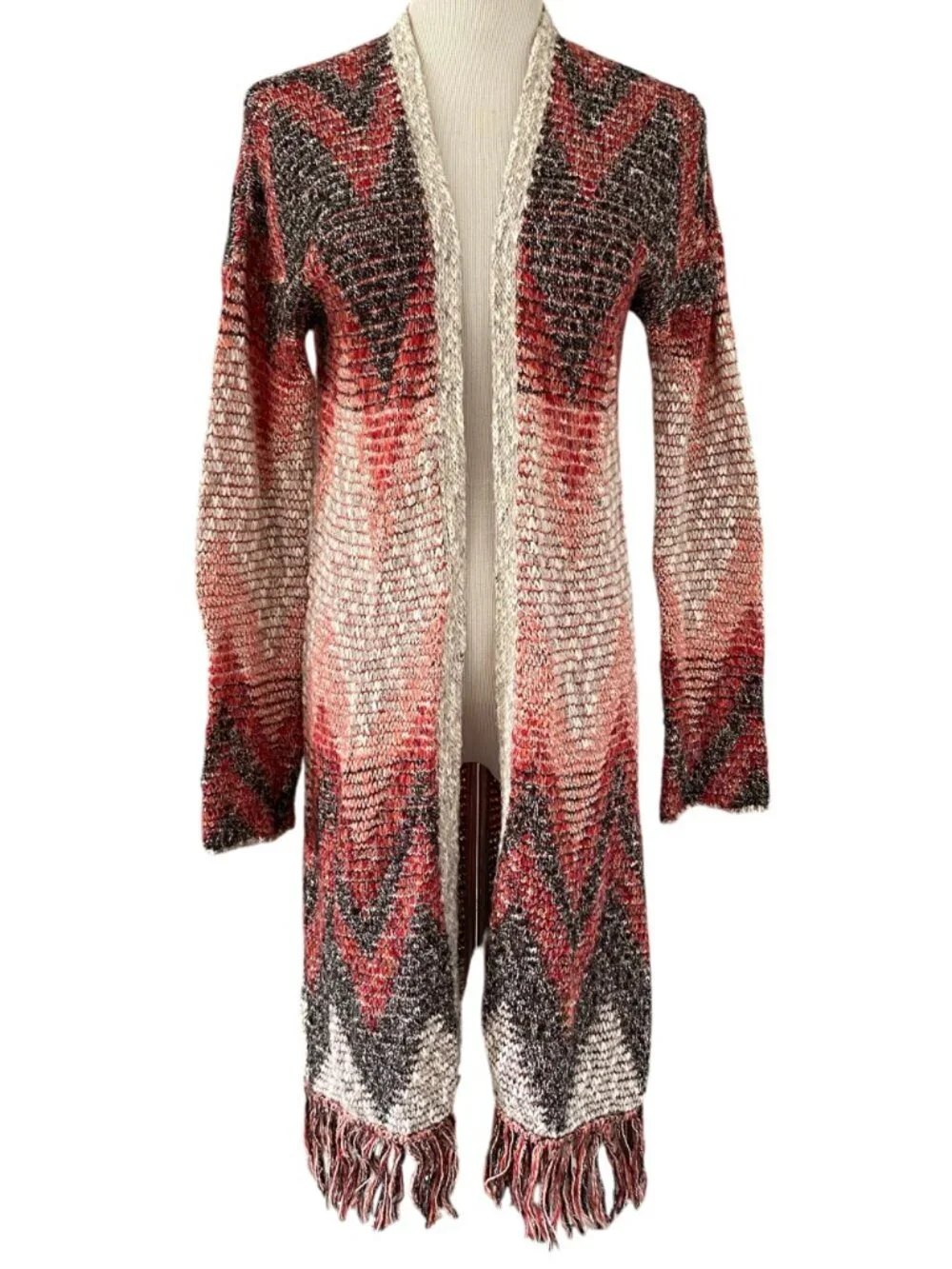 Lucky Brand Fringe Long Cardigan Women Small Wool Blend Open Front Duster